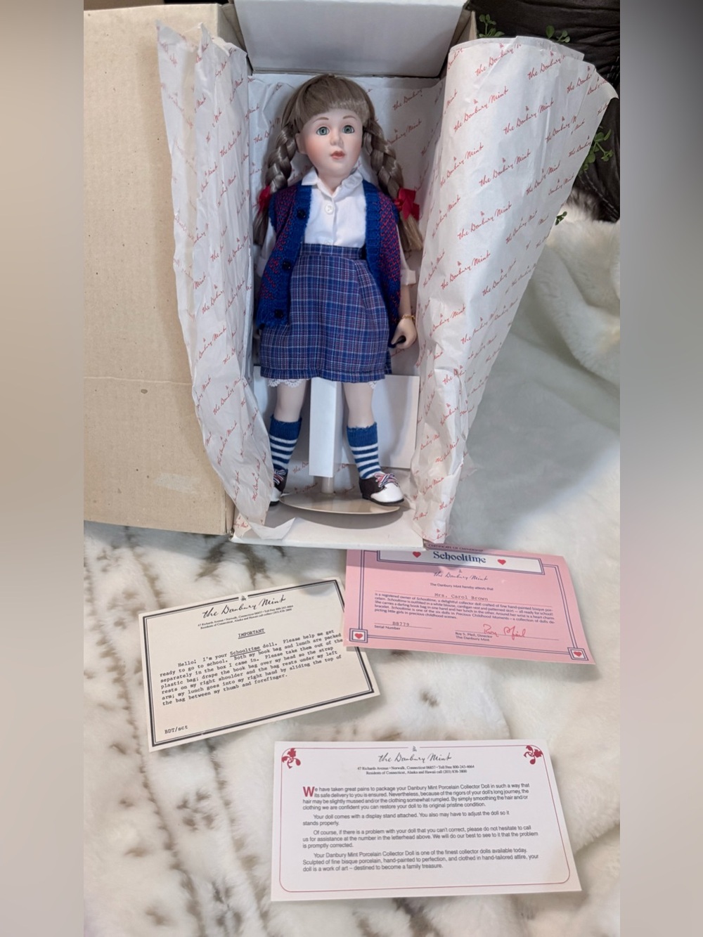 Danbury Mint Blue Plaid School Doll with Navy Cardigan and White Blouse